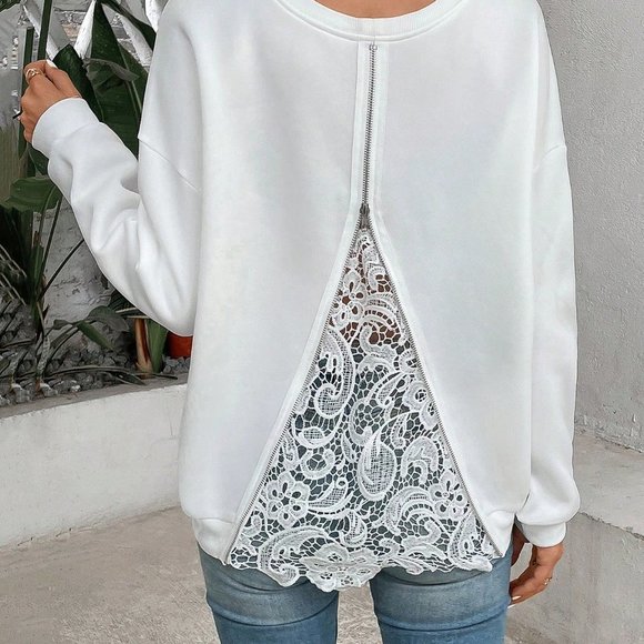 White Preppy Womens Contrast Lace Drop Shoulder Split Back Sweatshirt - Picture 4 of 5